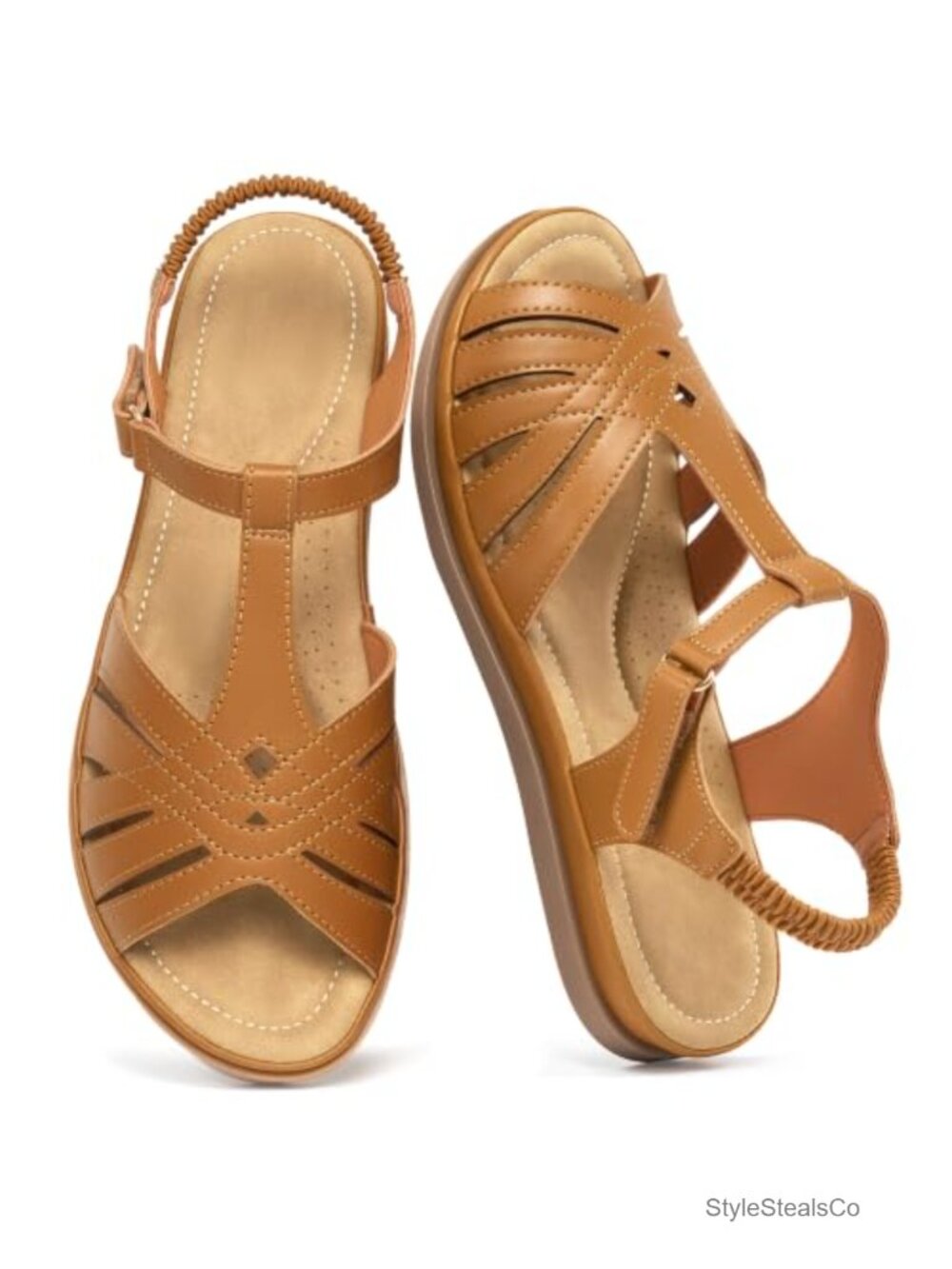 Faux Leather Open Peep Toe Flat Sandals with Hook & Loop Closure – All-Day
